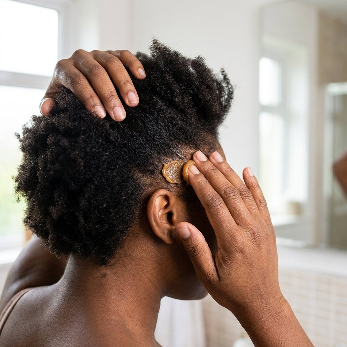Batana butter worked into the scalp along a parting