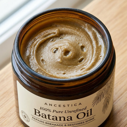 Unrefined batana butter in the open jar: mid-tone peanut-butter brown, dense and waxy